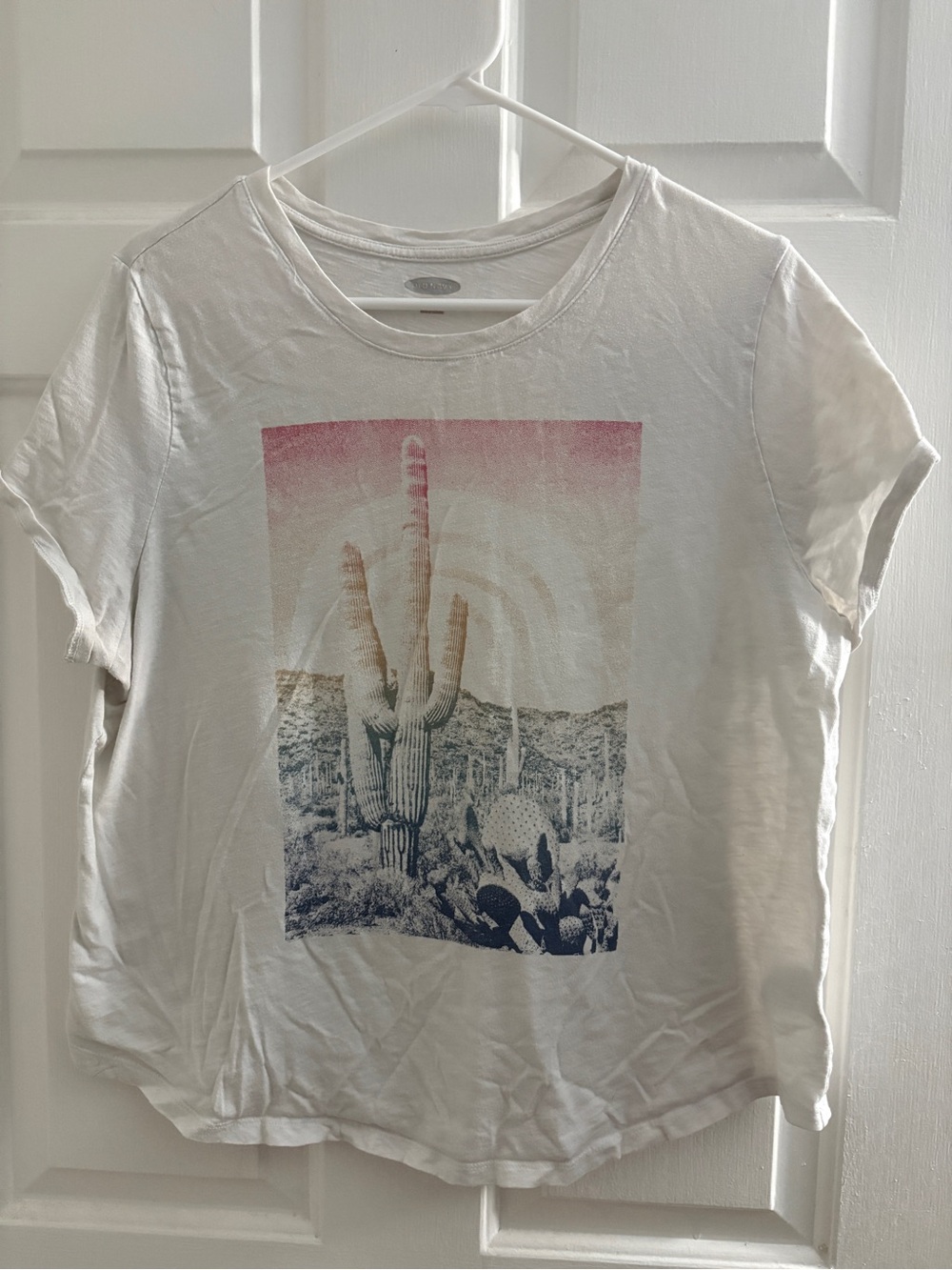 Old Navy White Tee with Pink-to-Blue Desert Cactus Graphic